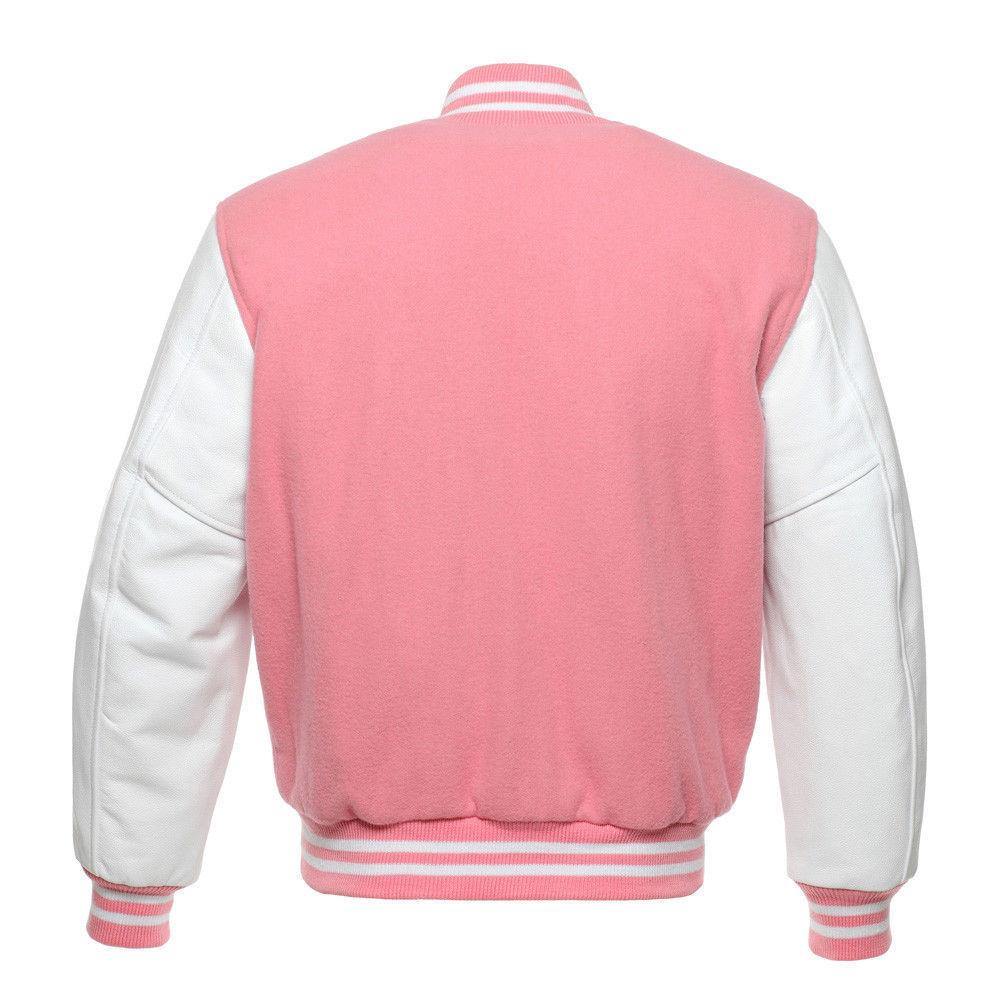 Biker Gear Pro Classic Hybrid Varsity Jacket University Letterman Bomber Jacket-Pure Wool & Original Cowhide Leather Jacket, Pink Wool Body & White Leather Sleeves