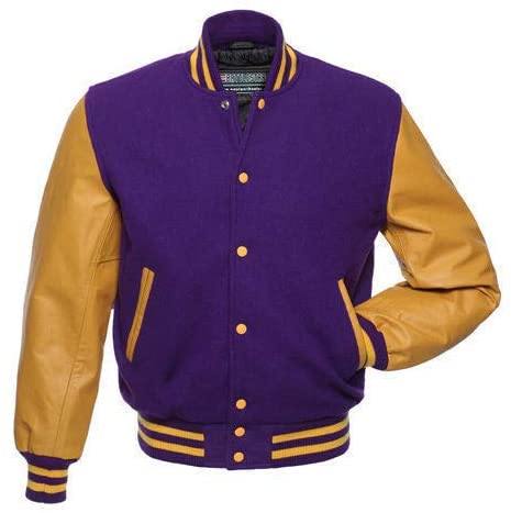 Biker Gear Pro Classic Hybrid Varsity Jacket University Letterman Bomber Jacket, Pure Wool & Original Cowhide Leather Jacket, Purple Wool Body & Gold Leather Sleeves