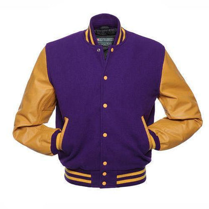 Biker Gear Pro Classic Hybrid Varsity Jacket University Letterman Bomber Jacket, Pure Wool & Original Cowhide Leather Jacket, Purple Wool Body & Gold Leather Sleeves