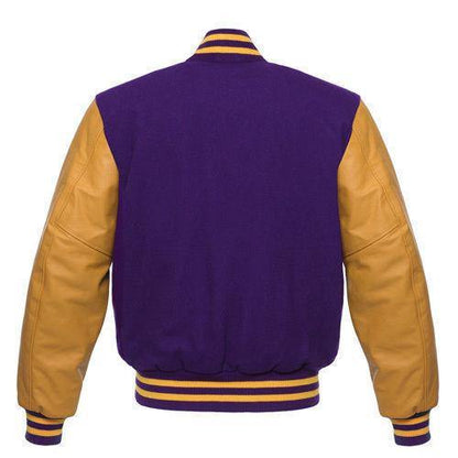 Biker Gear Pro Classic Hybrid Varsity Jacket University Letterman Bomber Jacket, Pure Wool & Original Cowhide Leather Jacket, Purple Wool Body & Gold Leather Sleeves