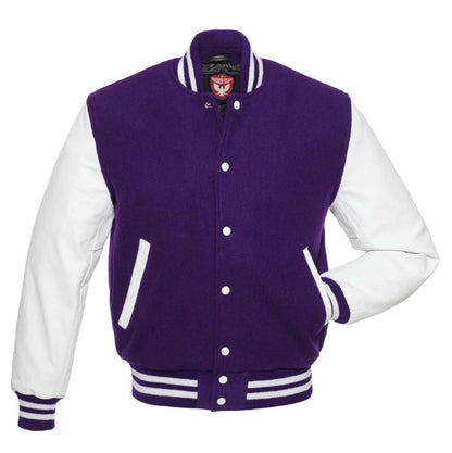 Biker Gear Pro Classic Hybrid Varsity Jacket University Letterman Bomber Jacket-Pure Wool & Original Cowhide Leather Jacket, Purple Wool Body & White Leather Sleeves