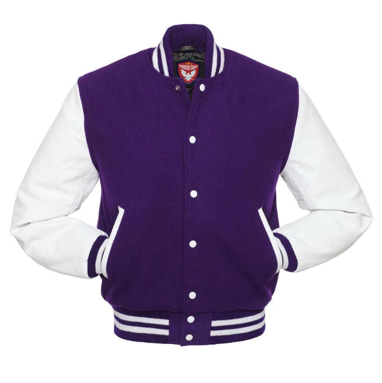 Biker Gear Pro Classic Hybrid Varsity Jacket University Letterman Bomber Jacket-Pure Wool & Original Cowhide Leather Jacket, Purple Wool Body & White Leather Sleeves