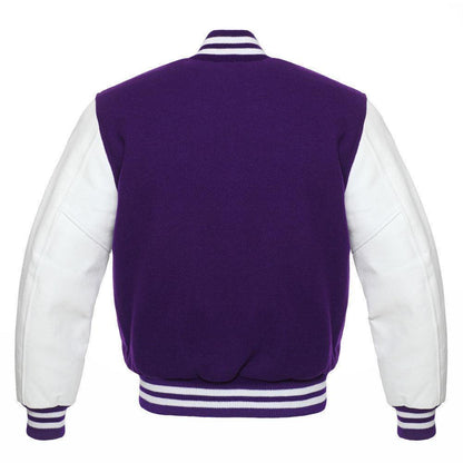 Biker Gear Pro Classic Hybrid Varsity Jacket University Letterman Bomber Jacket-Pure Wool & Original Cowhide Leather Jacket, Purple Wool Body & White Leather Sleeves