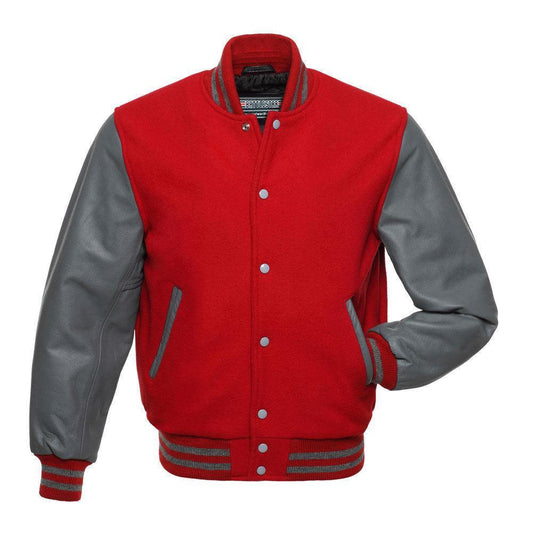 Biker Gear Pro Classic Hybrid Varsity Jacket University Letterman Bomber Jacket, Pure Wool & Original Cowhide Leather Jacket, Red Wool Body & Grey Leather Sleeves