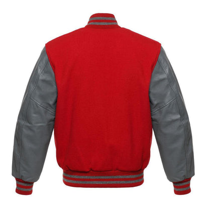 Biker Gear Pro Classic Hybrid Varsity Jacket University Letterman Bomber Jacket, Pure Wool & Original Cowhide Leather Jacket, Red Wool Body & Grey Leather Sleeves