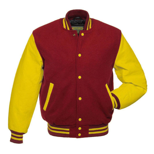 Biker Gear Pro Classic Hybrid Varsity Jacket University Letterman Bomber Jacket, Pure Wool & Original Cowhide Leather Jacket, Red Wool Body & Yellow Leather Sleeves