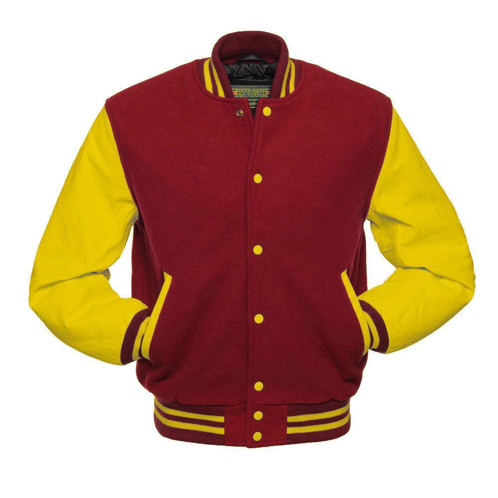 Biker Gear Pro Classic Hybrid Varsity Jacket University Letterman Bomber Jacket, Pure Wool & Original Cowhide Leather Jacket, Red Wool Body & Yellow Leather Sleeves