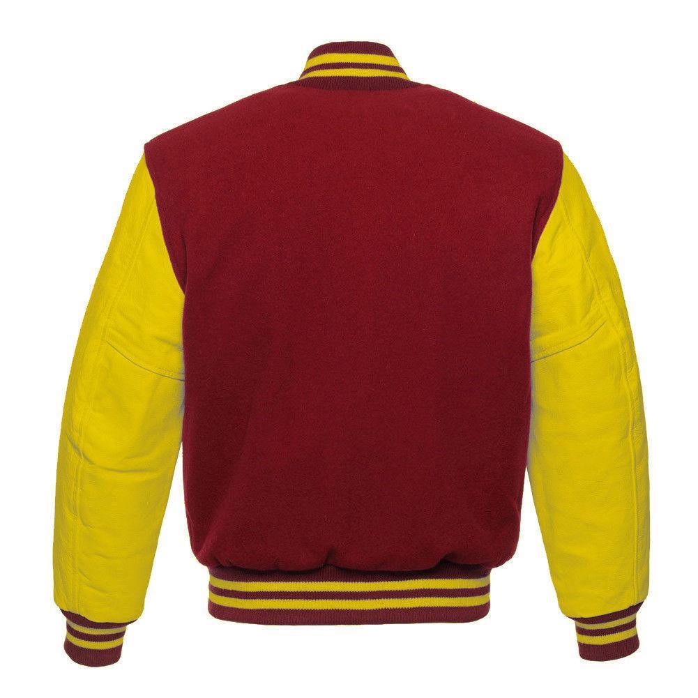 Biker Gear Pro Classic Hybrid Varsity Jacket University Letterman Bomber Jacket, Pure Wool & Original Cowhide Leather Jacket, Red Wool Body & Yellow Leather Sleeves