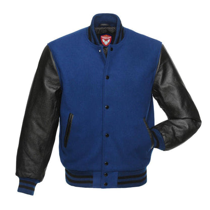 Biker Gear Pro Classic Hybrid Varsity Jacket University Letterman Bomber Jacket, Pure Wool & Original Cowhide Leather Jacket, Royal Blue Wool Body & Black Leather Sleeves