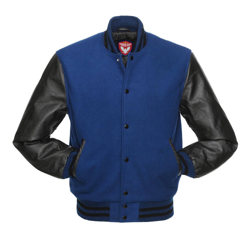 Biker Gear Pro Classic Hybrid Varsity Jacket University Letterman Bomber Jacket, Pure Wool & Original Cowhide Leather Jacket, Royal Blue Wool Body & Black Leather Sleeves