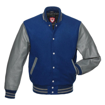 Biker Gear Pro Classic Hybrid Varsity Jacket University Letterman Bomber Jacket, Pure Wool & Original Cowhide Leather Jacket, Royal Blue Wool Body & Grey Leather Sleeves