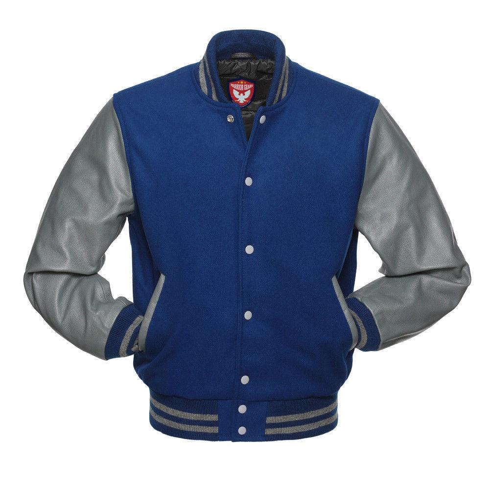 Biker Gear Pro Classic Hybrid Varsity Jacket University Letterman Bomber Jacket, Pure Wool & Original Cowhide Leather Jacket, Royal Blue Wool Body & Grey Leather Sleeves