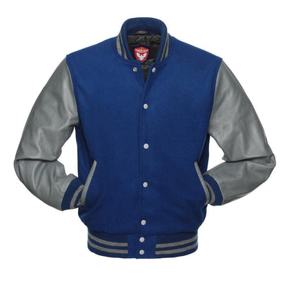 Biker Gear Pro Classic Hybrid Varsity Jacket University Letterman Bomber Jacket, Pure Wool & Original Cowhide Leather Jacket, Royal Blue Wool Body & Grey Leather Sleeves