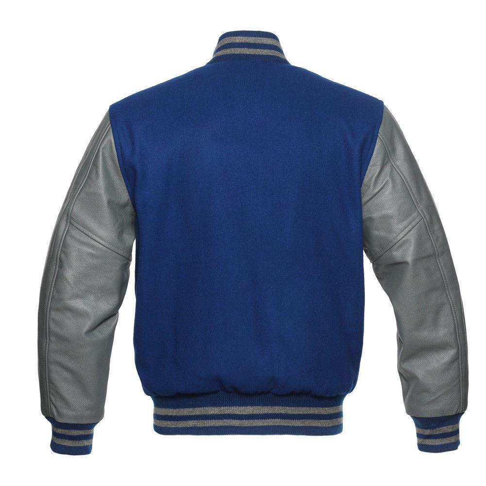 Biker Gear Pro Classic Hybrid Varsity Jacket University Letterman Bomber Jacket, Pure Wool & Original Cowhide Leather Jacket, Royal Blue Wool Body & Grey Leather Sleeves