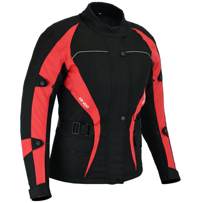 Biker Gear Pro New Ladies Motorcycle Textile 600D Cordura Waterproof Breathable Ventilation CE Armour Removable Lining Women's Motorbike Bikers Protection Jacket - Black & Red